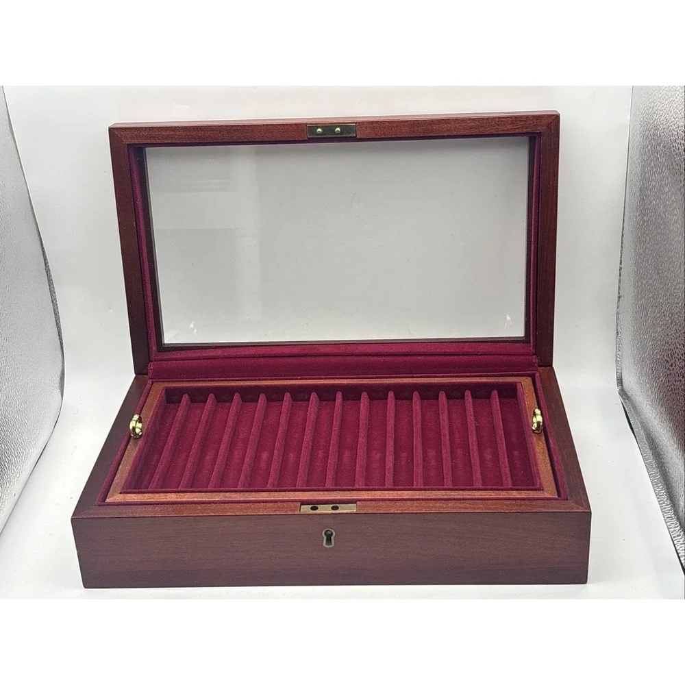 Eureka Fountain Pen Storage Box USA Wood w/ Burgundy Velvet Interior - 29 Slots
